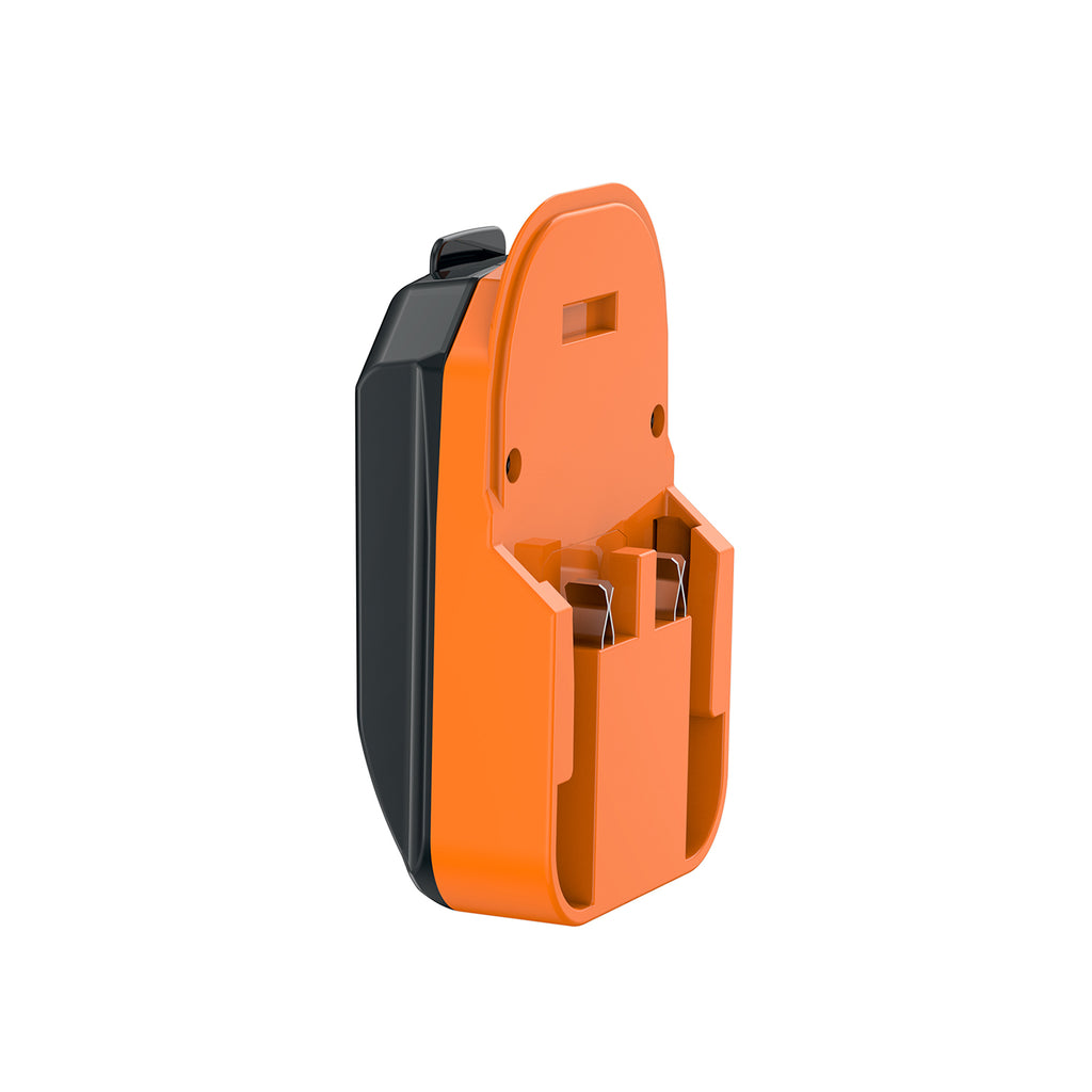 AEG 18V to WORX 20V PowerShare (Orange) battery adapter - side view, battery-side socket with twin copper spring contacts