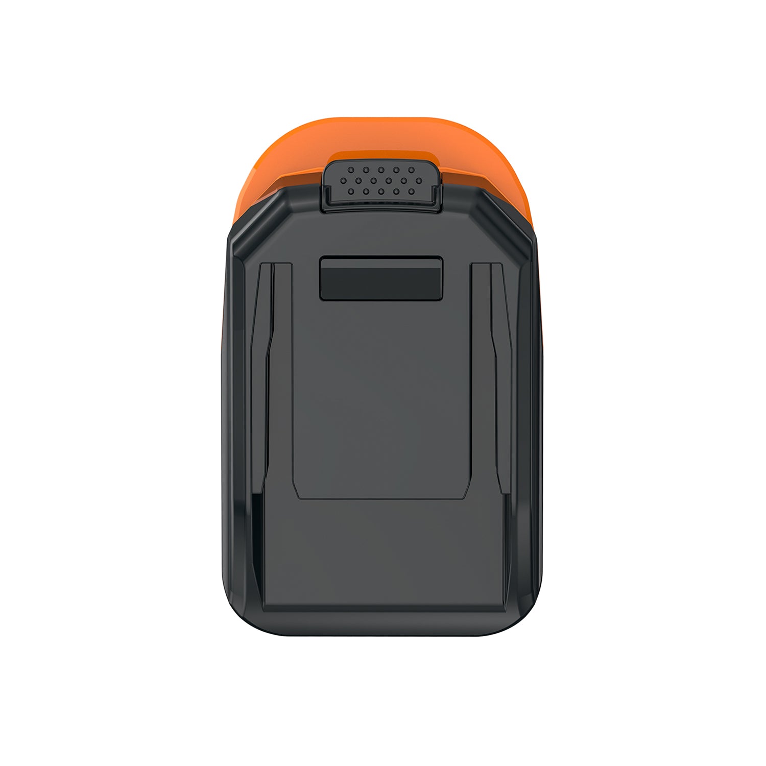 AEG 18V to WORX 20V PowerShare (Orange) battery adapter - tool-side face straight on, guide channels and release button