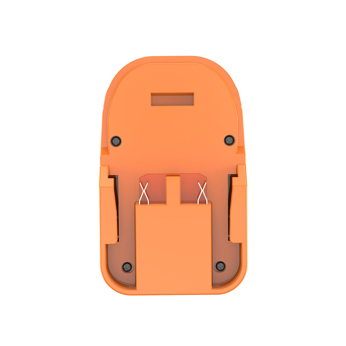 AEG 18V to Bostitch 18V battery adapter - battery-side connection face-on, two crossed spring contacts and the latch slot