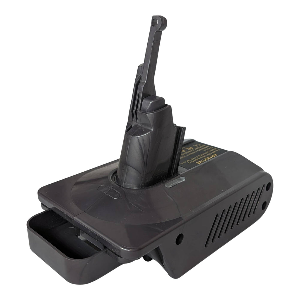 AEG 18V to Dyson V8 battery adapter - Dyson tool-side stem with hooked latch, vented flank, battery-side pocket at the front
