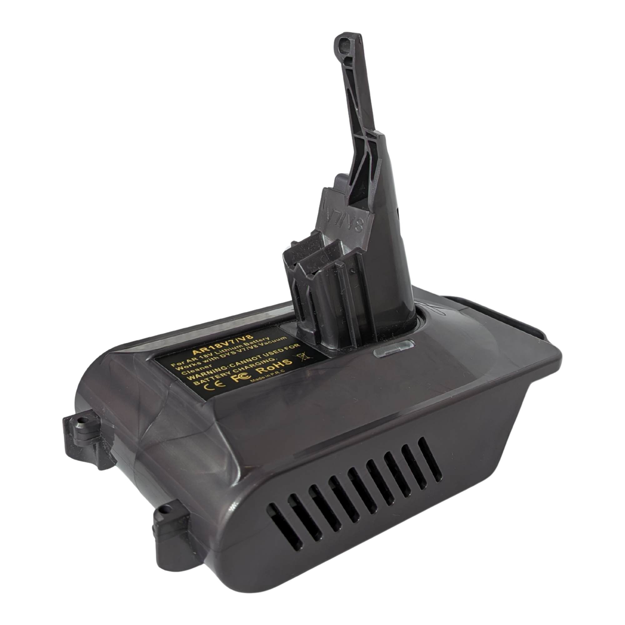 AEG 18V to Dyson V8 battery adapter - Dyson tool-side stem above the top plate, louvred vent panel on the flank