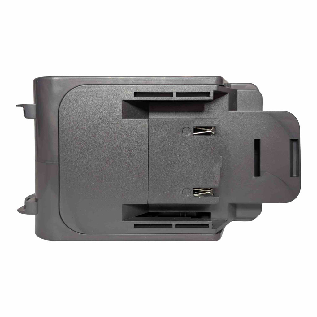 AEG 18V to Dyson V8 battery adapter - battery-side connection with twin rails, copper spring-clip contacts and latch slot