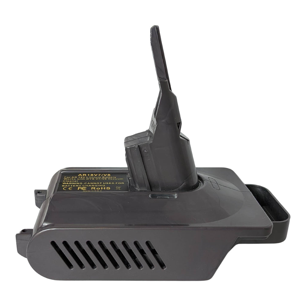 AEG 18V to Dyson V8 battery adapter - side view, Dyson tool-side stem above the vented body and printed label