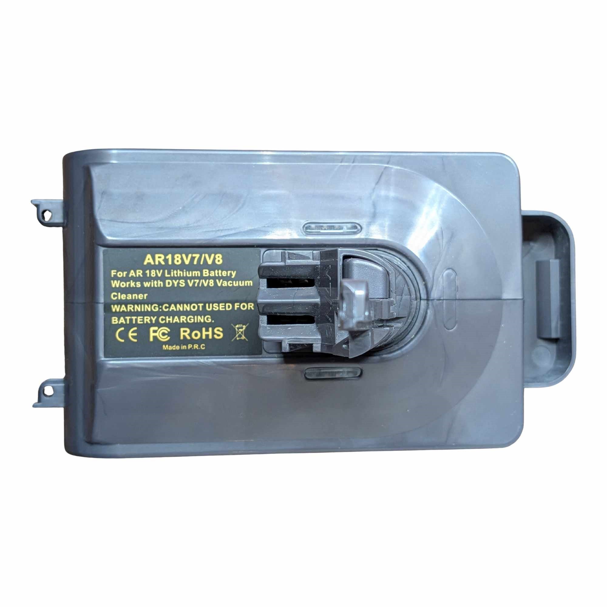 AEG 18V to Dyson V8 battery adapter - plan view of the top face, Dyson tool-side stem and the printed label