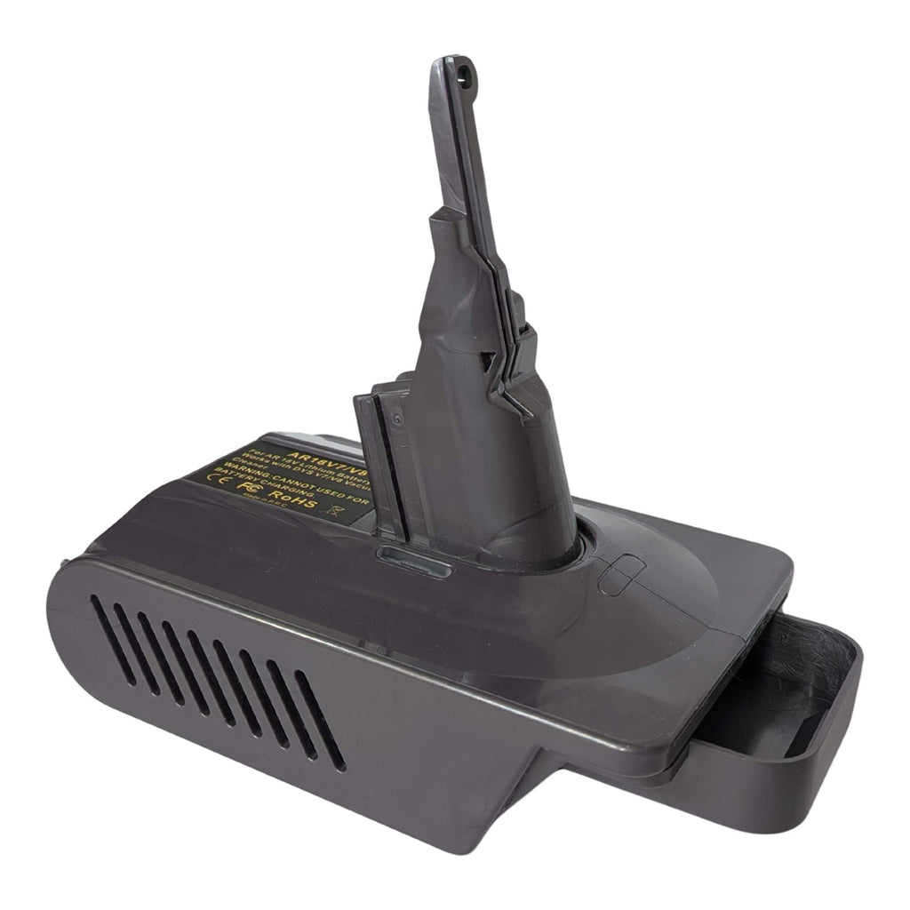 AEG 18V to Dyson V8 battery adapter - Dyson tool-side stem, louvred vent panel, battery-side pocket mouth at the right