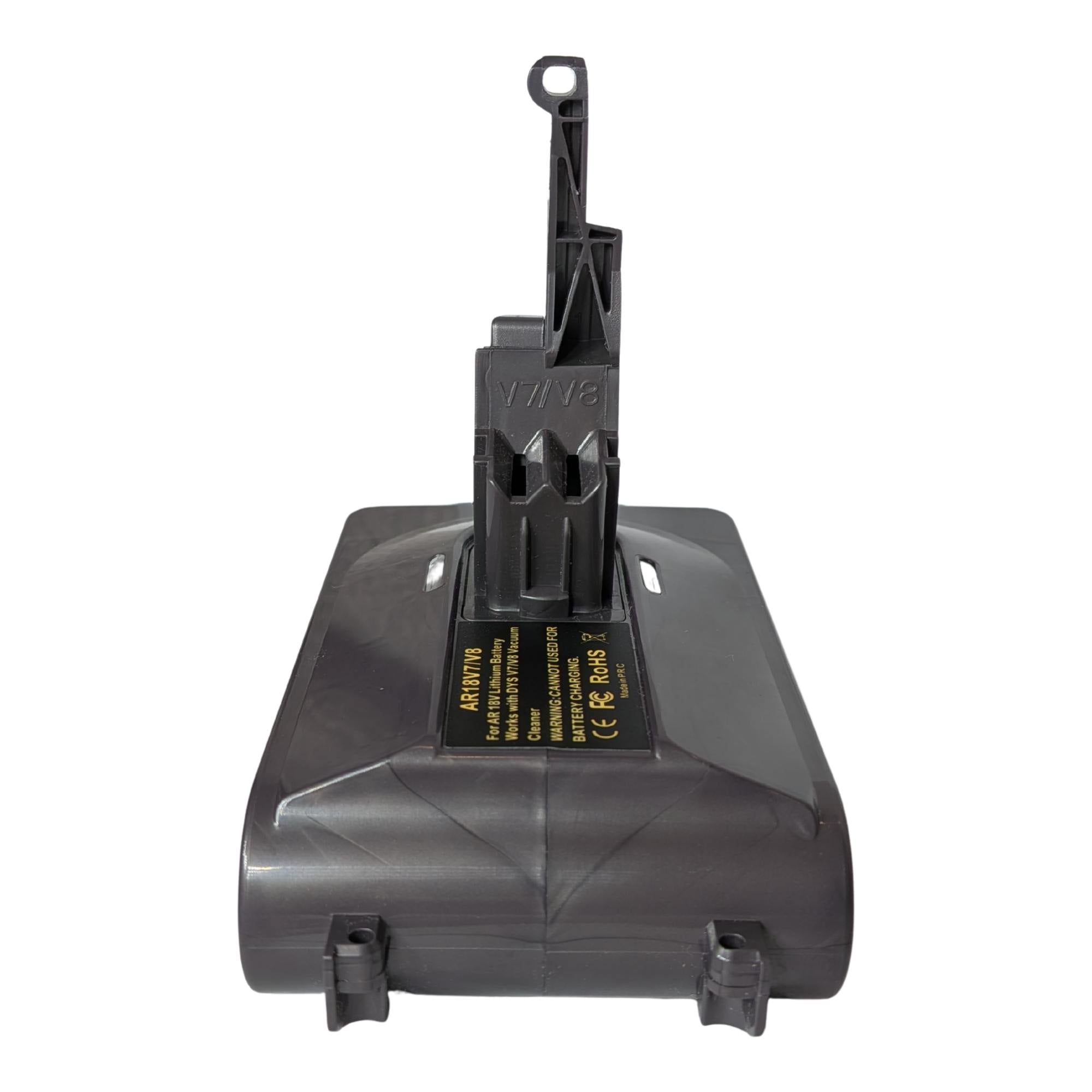 AEG 18V to Dyson V8 battery adapter - end-on view of the Dyson tool-side stem, printed label and two screw bosses