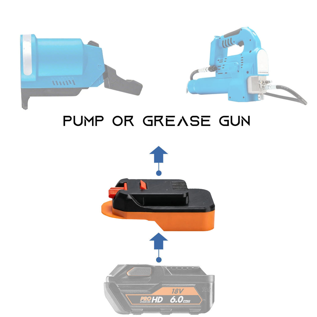 AEG 18V to MacNaught 18V battery adapter - compatibility diagram showing battery, adapter and pump or grease gun