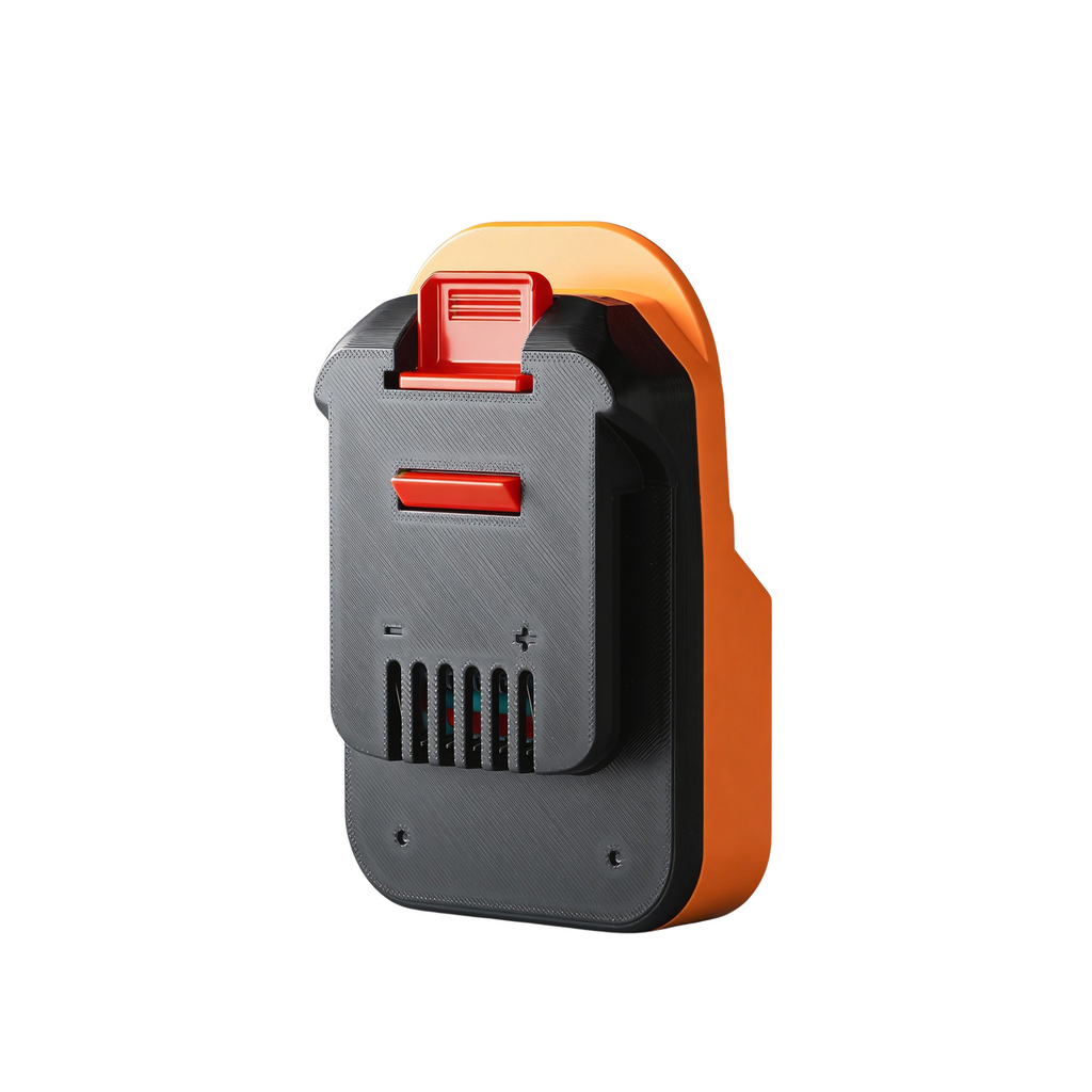 AEG 18V to MacNaught 18V battery adapter - MacNaught tool-side connection upright, contact slots between plus and minus marks