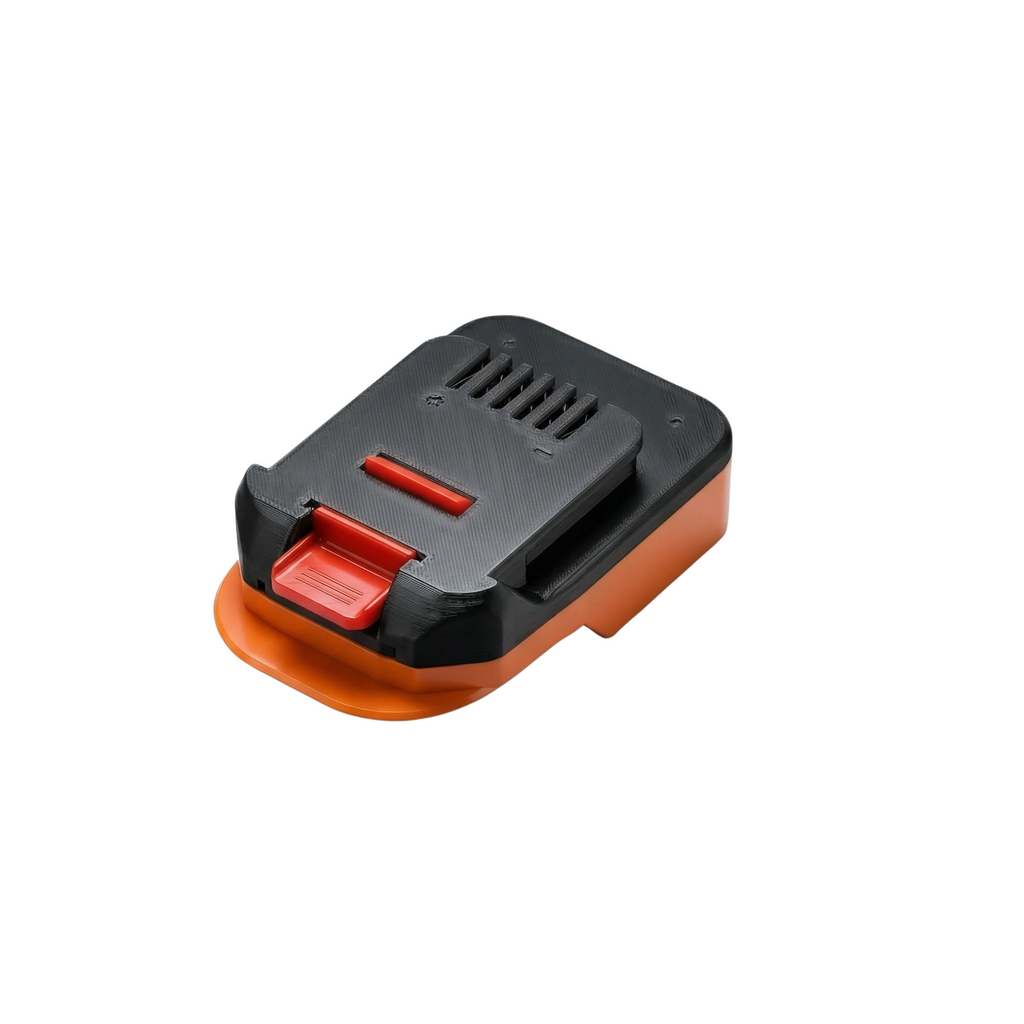 AEG 18V to MacNaught 18V battery adapter - three-quarter view, MacNaught tool-side connection over the orange body