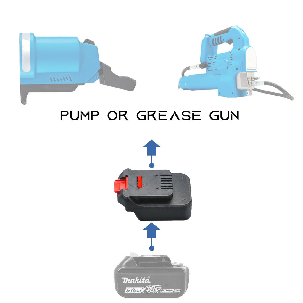 Makita 18V LXT to MacNaught 18V battery adapter - compatibility diagram showing battery, adapter and pump or grease gun