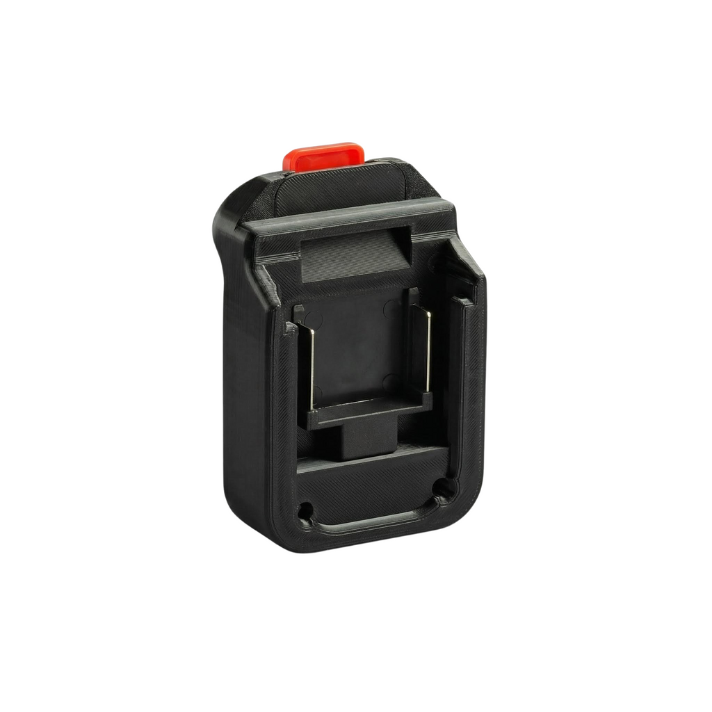 Makita 18V LXT to MacNaught 18V battery adapter - battery-side connection face-on, twin blade terminals and side channels