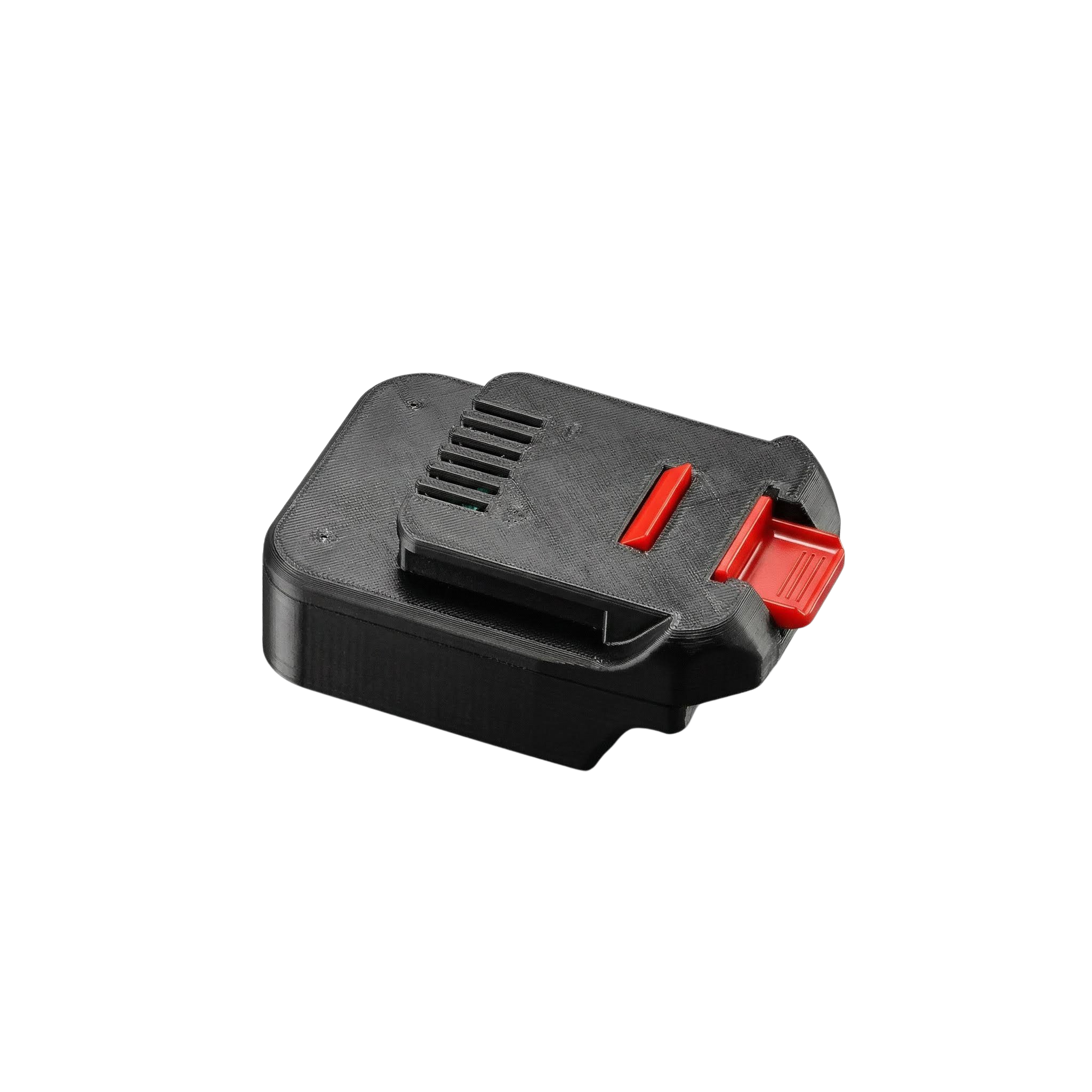 Makita 18V LXT to MacNaught 18V battery adapter - three-quarter view of the MacNaught tool-side connection and release catch