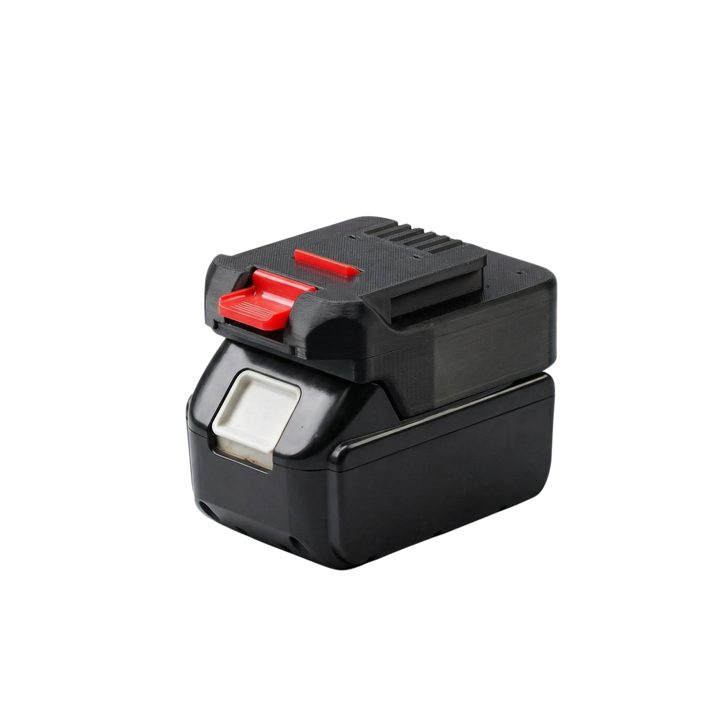 Makita 18V LXT to MacNaught 18V battery adapter - seated on a battery pack, MacNaught tool-side connection upward