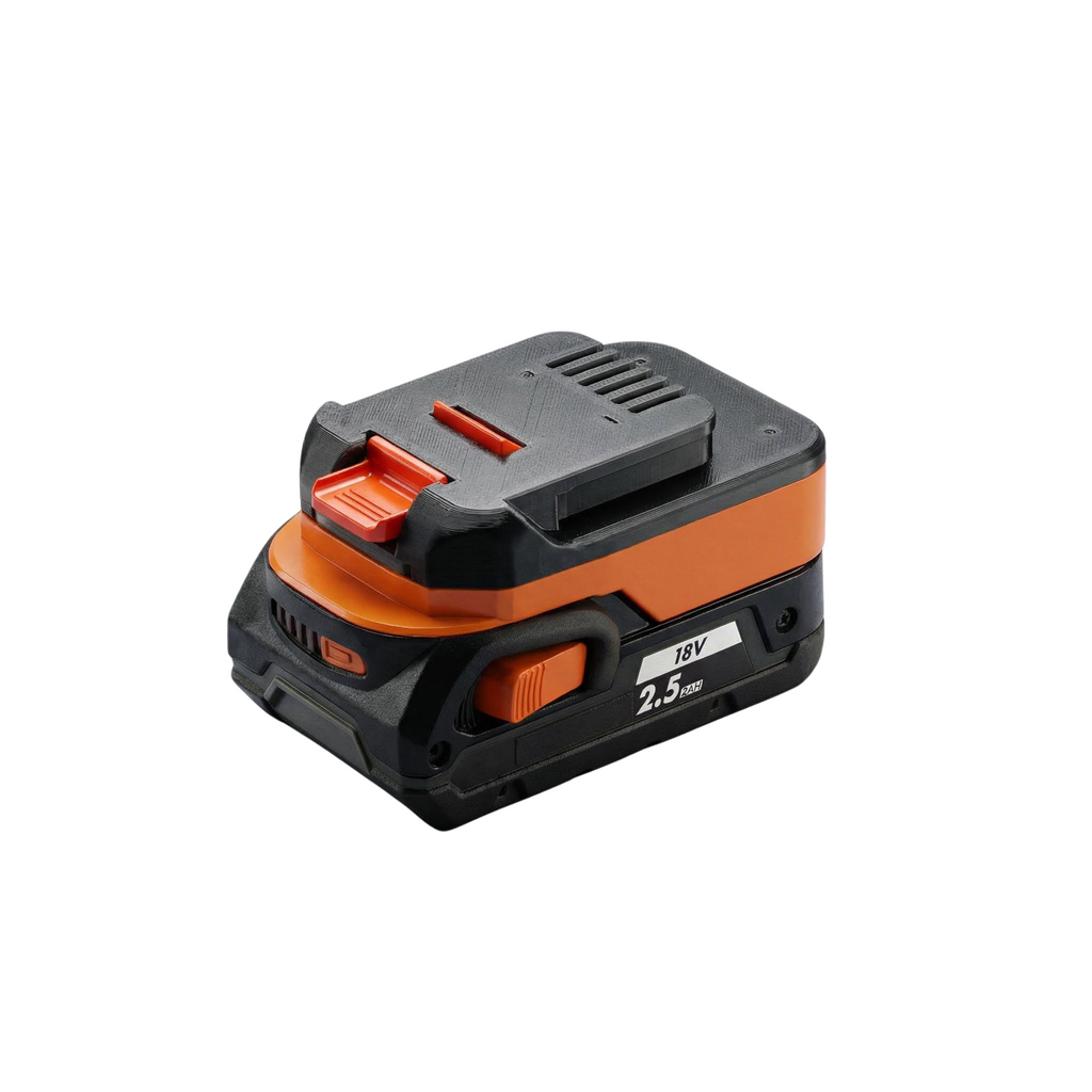 RIDGID 18V to MacNaught 18V battery adapter - seated on a battery pack, MacNaught tool-side connection upward