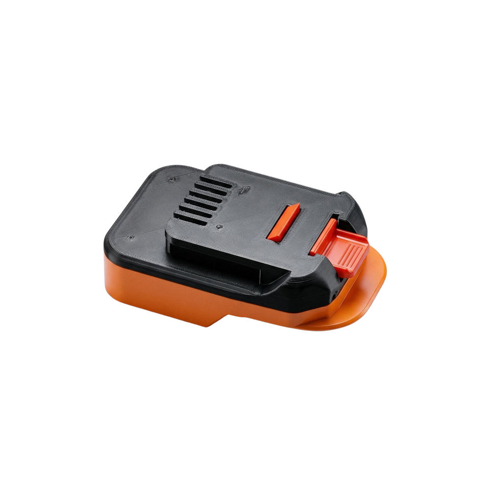 RIDGID 18V to MacNaught 18V battery adapter - three-quarter view, MacNaught tool-side connection over the orange body