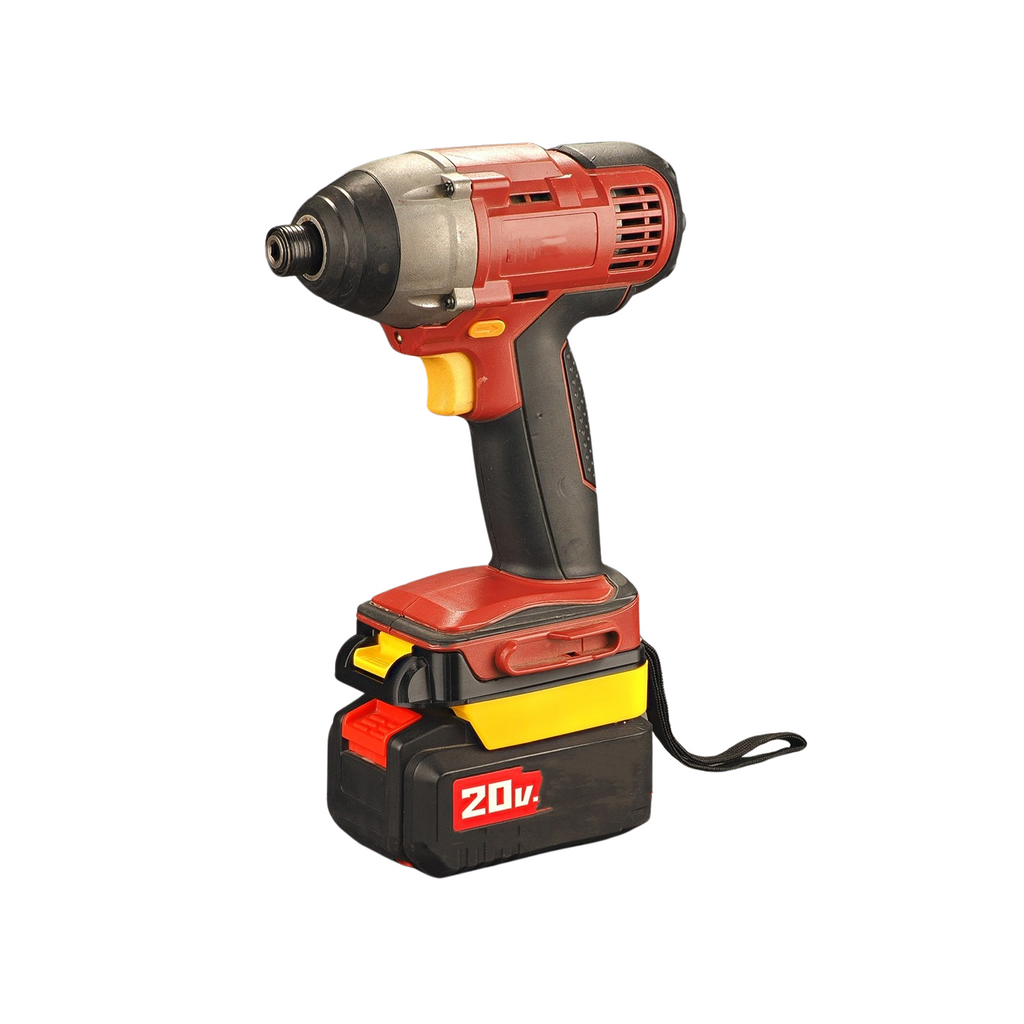 Bauer 20V to Chicago Electric 18V battery adapter - installed on an impact driver, seated on a battery pack