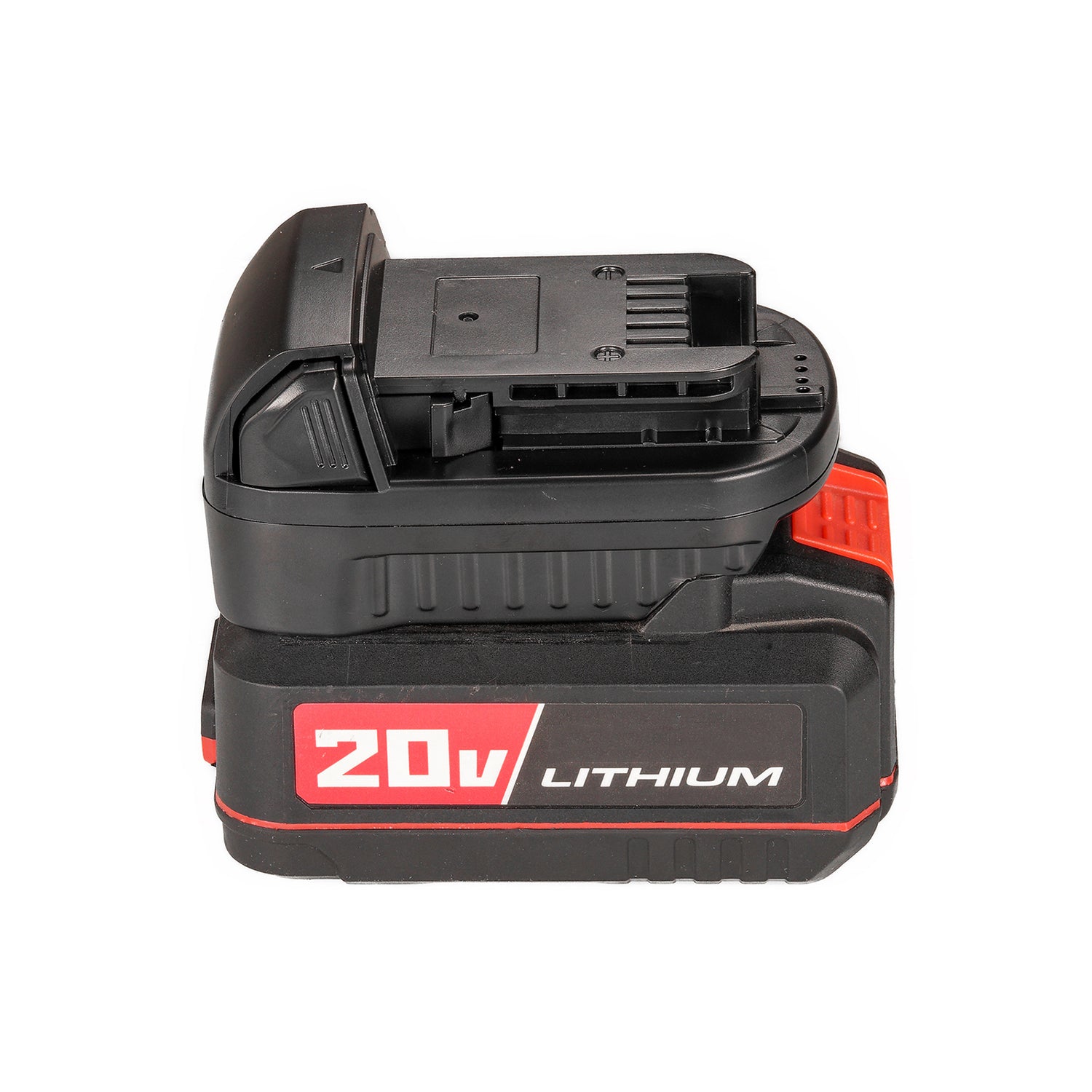 Bauer 20V to Milwaukee M18 battery adapter - fitted to the Bauer 20V battery, tool-side rails and terminal slots upward