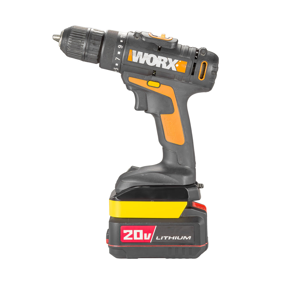 Bauer 20V to WORX 20V PowerShare (Orange) battery adapter - drill driver installed on the adapter, seated on a battery pack