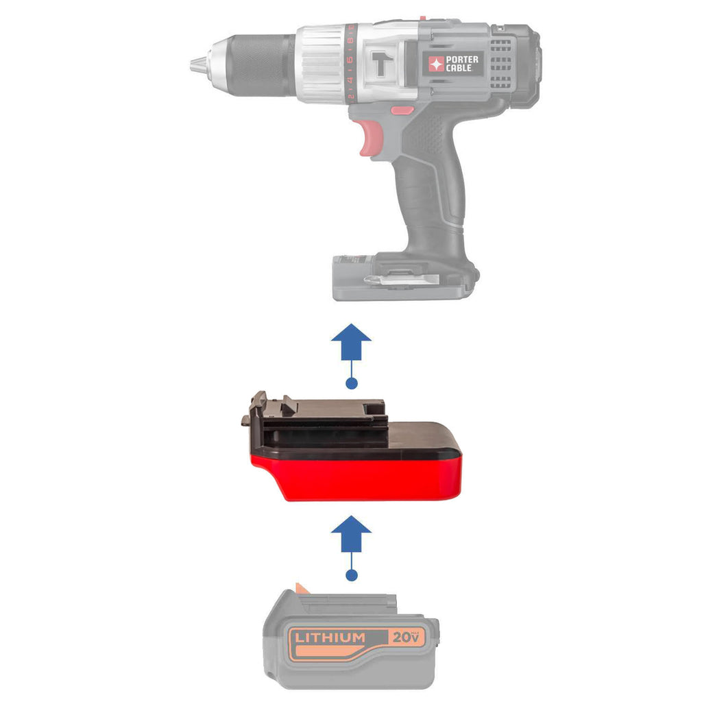 Black and Decker 20V to Porter Cable 18V Ni-Cd battery adapter - compatibility diagram with hammer drill