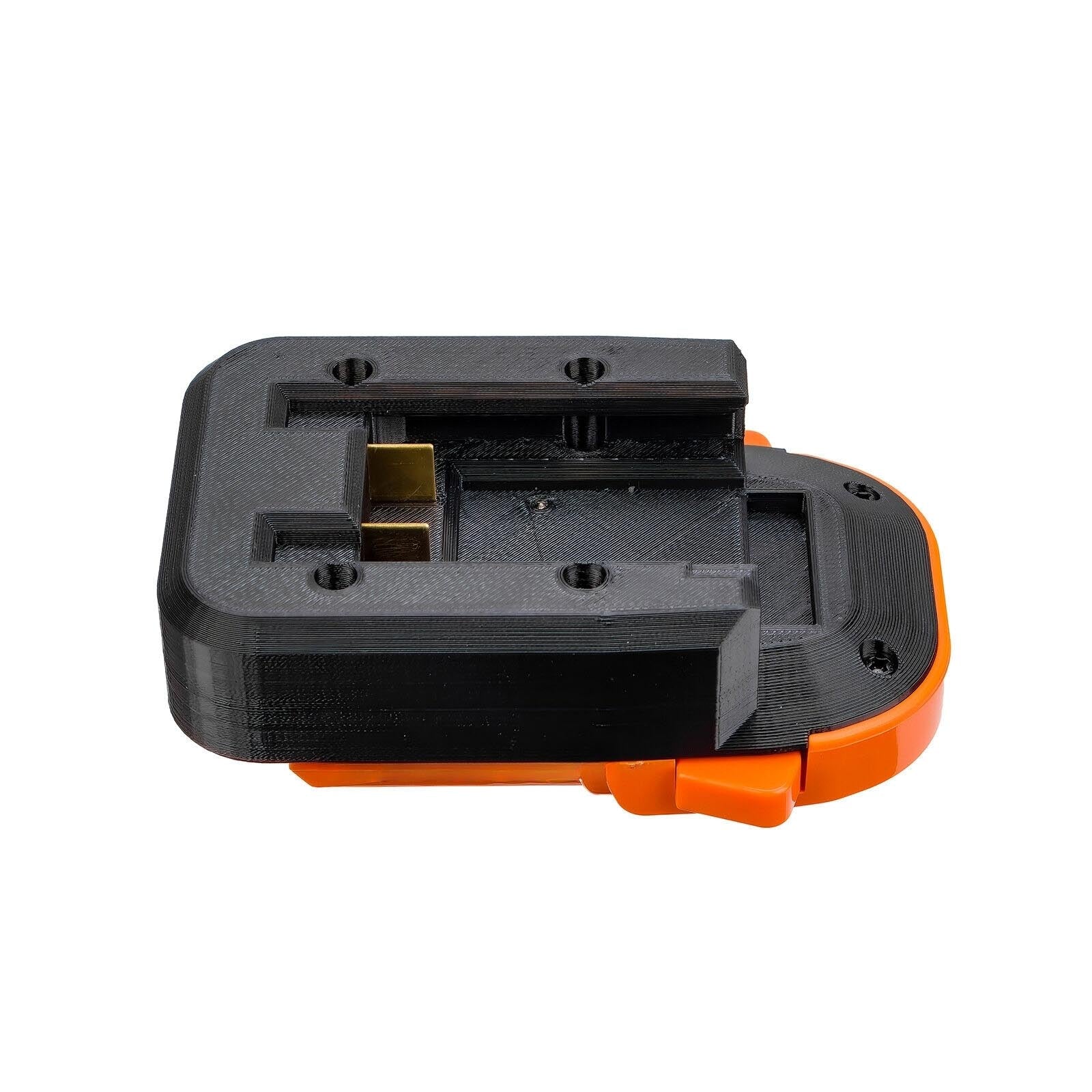 Black and Decker 20V to AEG 18V battery adapter - battery-side connection with copper terminal blades and screws