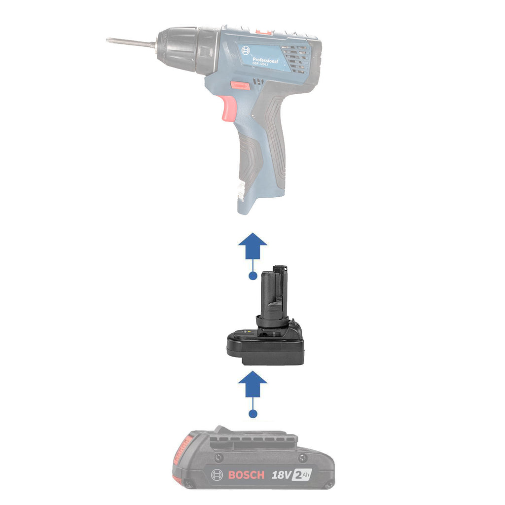 Bosch 18V GBA (Blue) to Bosch 12V battery adapter - compatibility diagram showing battery, adapter and cordless drill