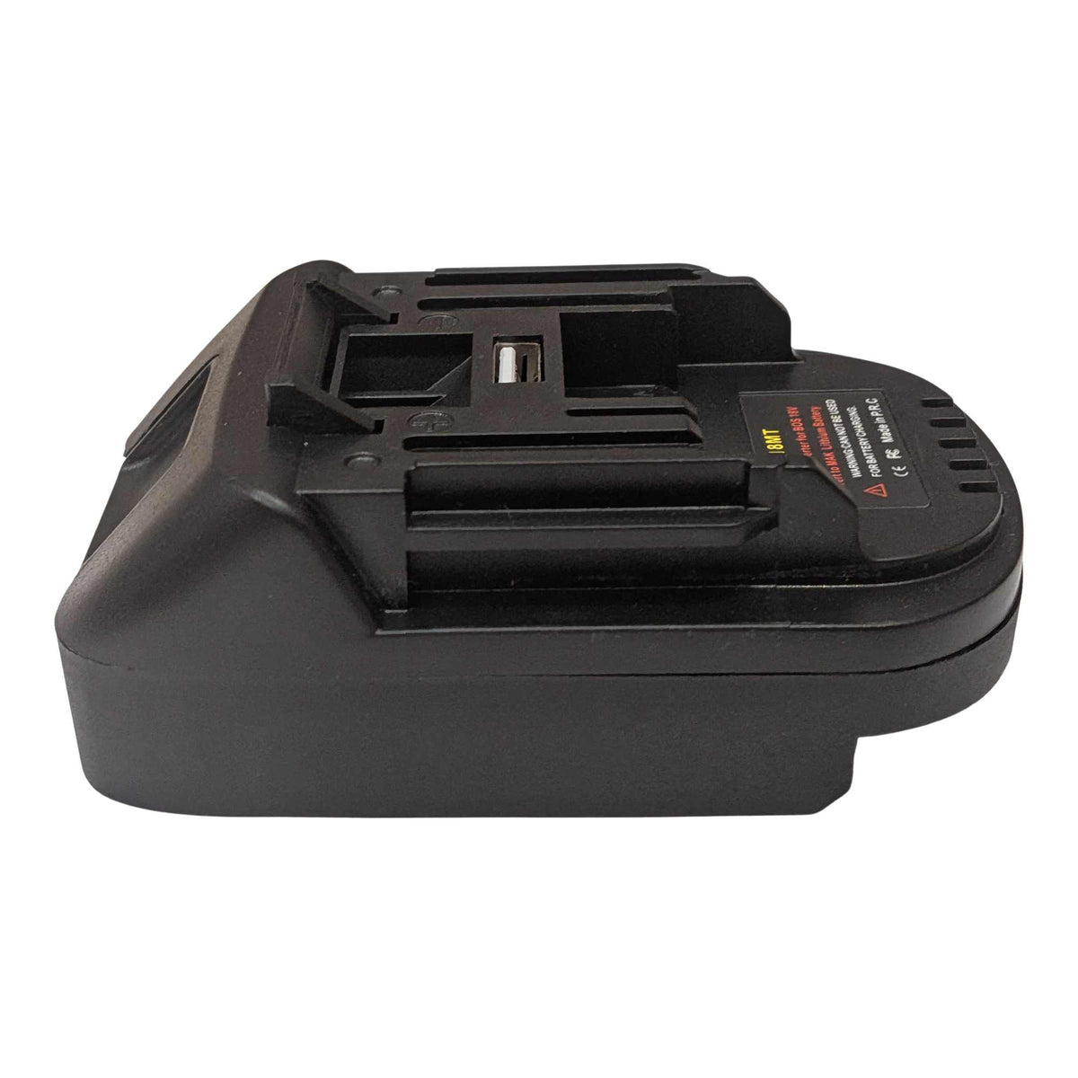Bosch 18V GBA (Blue) to Makita 18V LXT battery adapter - Makita tool-side connection above the body, USB-A port in the rail