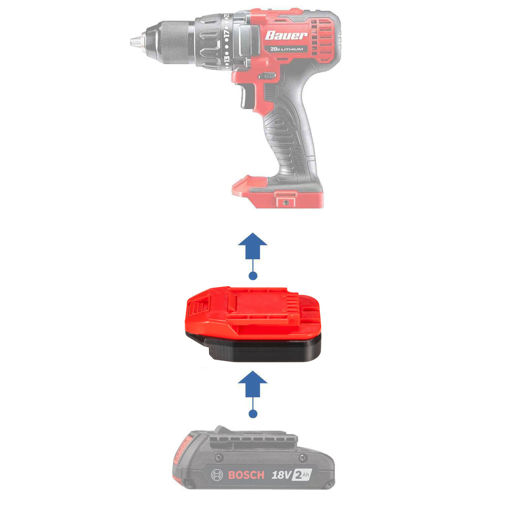 Bosch 18V GBA (Blue) to Bauer 20V battery adapter - compatibility diagram showing battery, adapter and drill driver