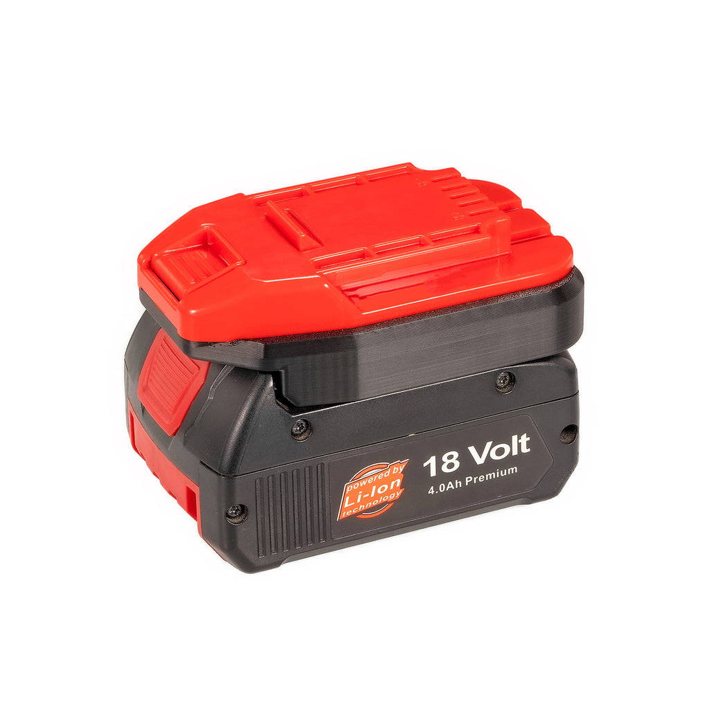 Bosch 18V GBA (Blue) to Bauer 20V battery adapter - seated on a battery pack, red Bauer tool-side face upward