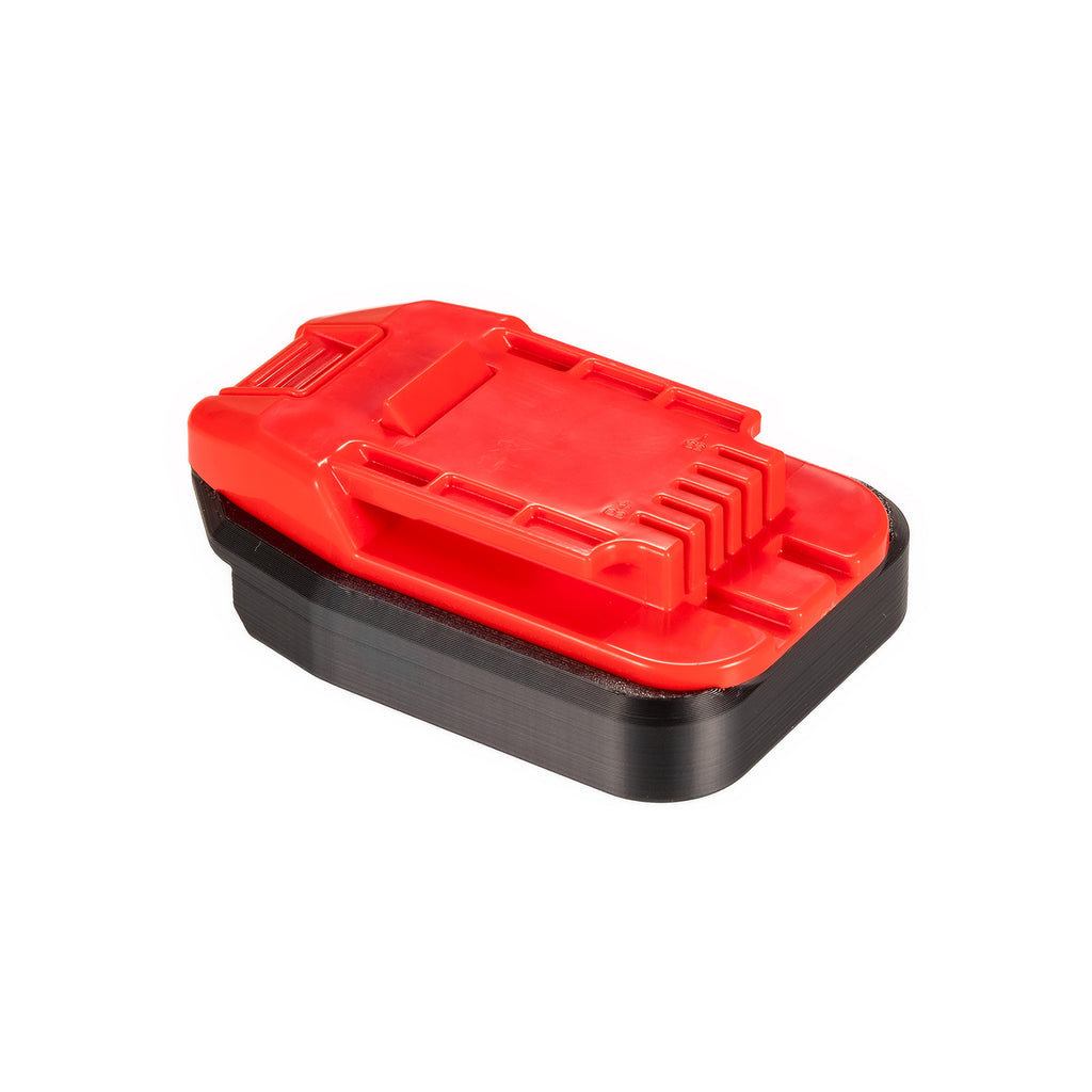 Bosch 18V GBA (Blue) to Bauer 20V battery adapter - Bauer tool-side connection, three-quarter view above the black base plate