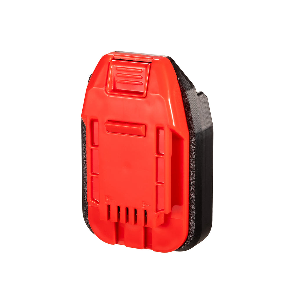 Bosch 18V GBA (Blue) to Bauer 20V battery adapter - Bauer tool-side connection with moulded polarity marks and the release