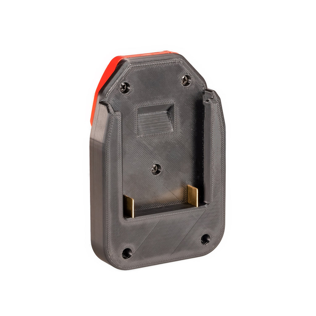 Bosch 18V GBA (Blue) to Bauer 20V battery adapter - battery-side connection with twin copper blade terminals beside the guide
