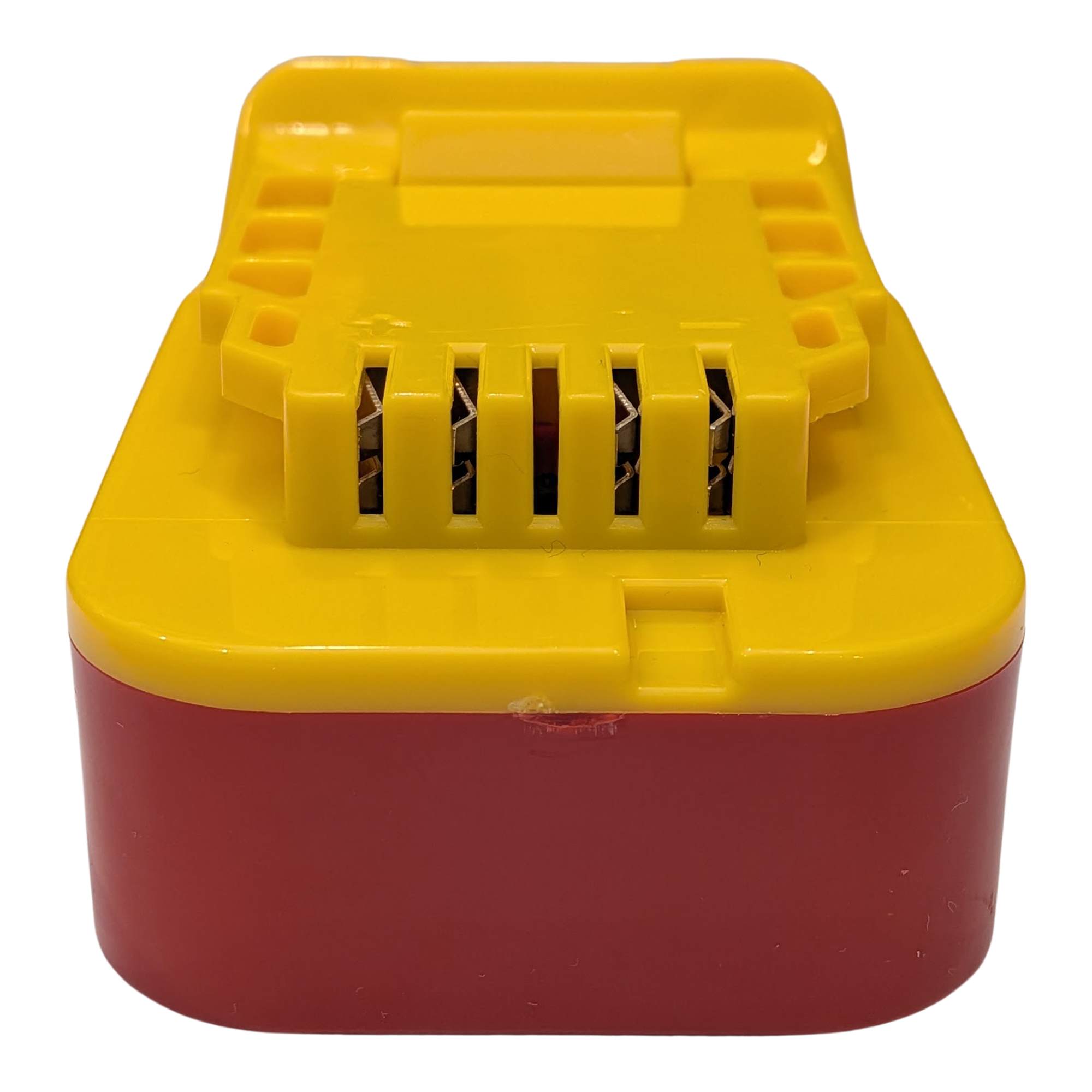 Craftsman 20V to DeWalt 20V MAX battery adapter - end view of the yellow tool-side terminal slots, red body below