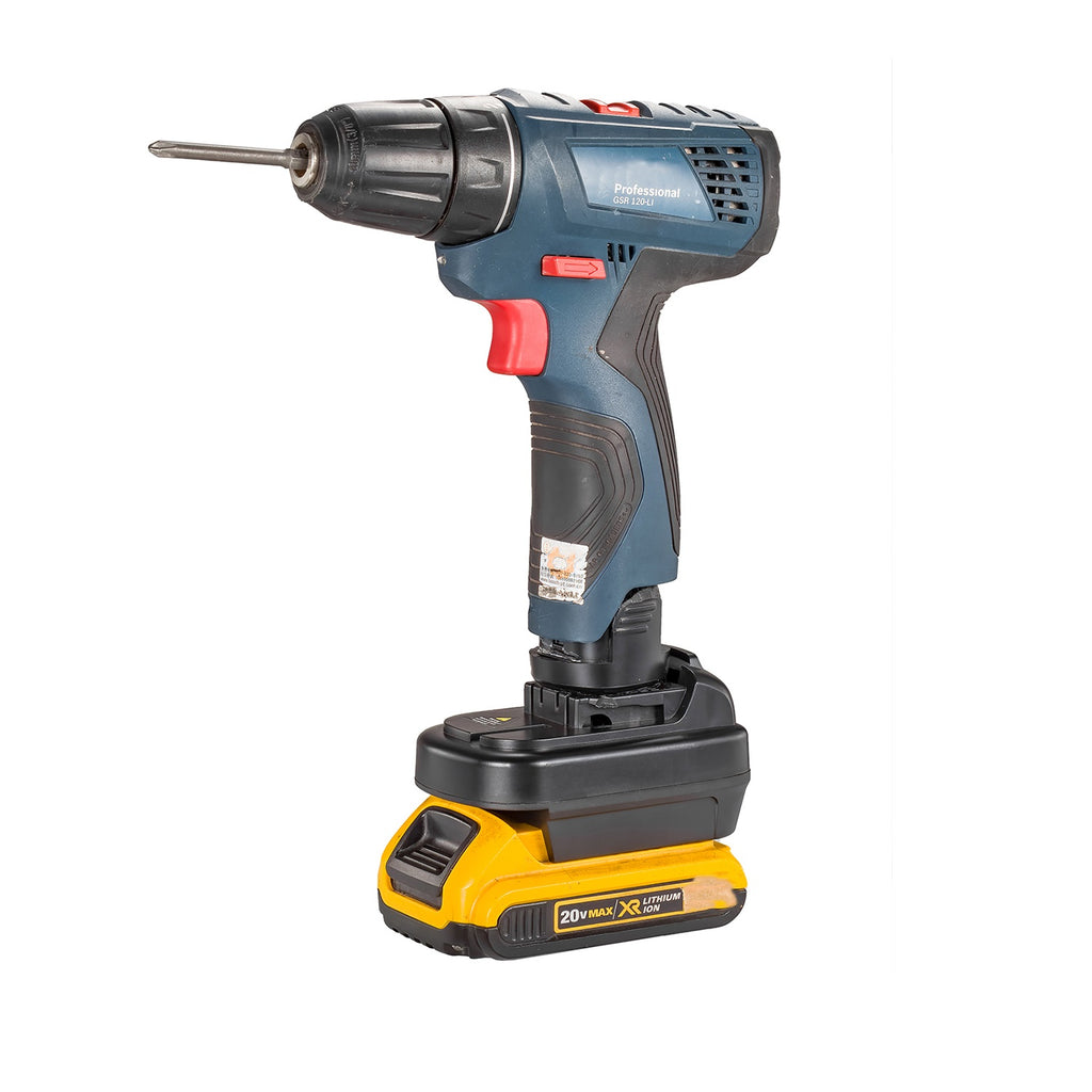 DeWalt 20V MAX to Bosch 12V battery adapter - drill driver installed on the adapter, battery fitted below