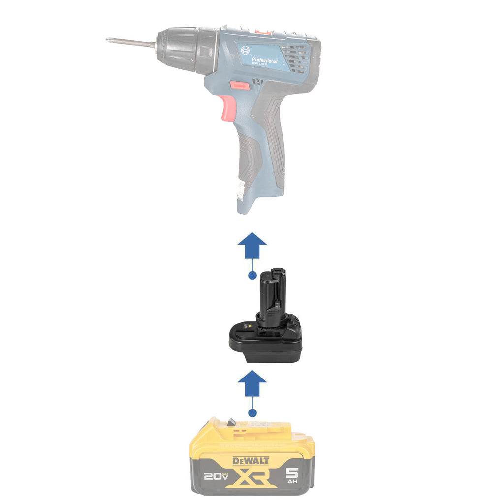 DeWalt 20V MAX to Bosch 12V battery adapter - compatibility diagram showing battery, adapter and cordless drill driver