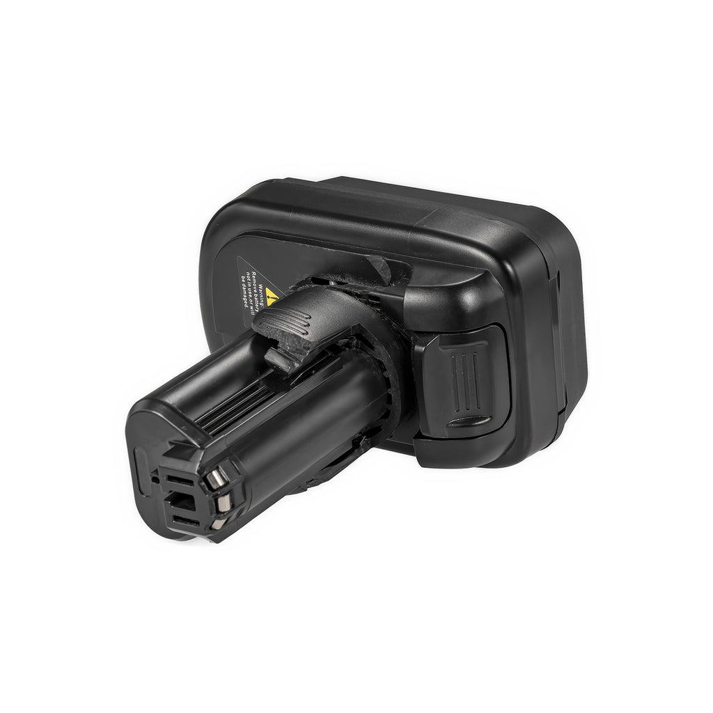 DeWalt 20V MAX to Bosch 12V battery adapter - tool-side connector head end-on, terminal blades and keyed slots