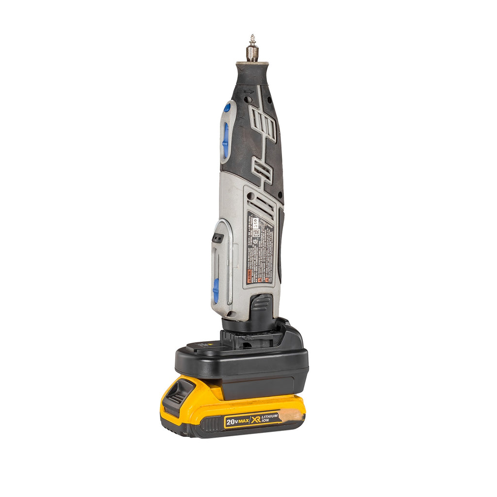 DeWalt 20V MAX to Dremel 12V 8220/8250 battery adapter - rotary tool installed on the adapter, battery fitted below