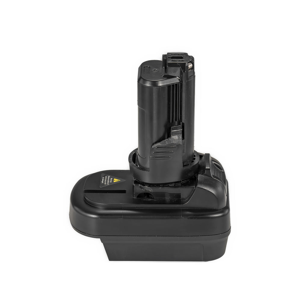 DeWalt 20V MAX to Dremel 12V 8220/8250 battery adapter - front view, tool-side stem centred above the body