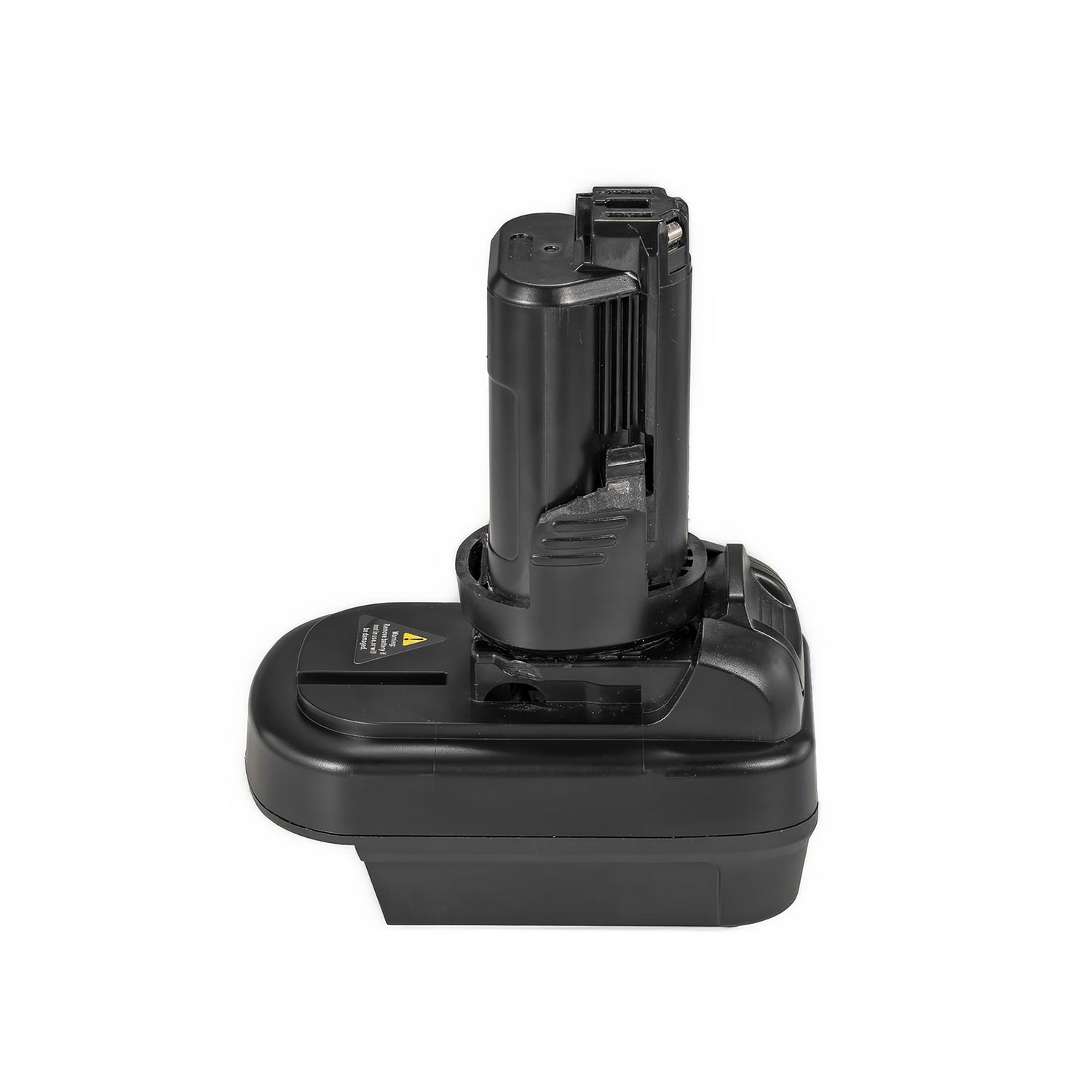 DeWalt 20V MAX to Dremel 12V 8220/8250 battery adapter - front view, tool-side stem centred above the body