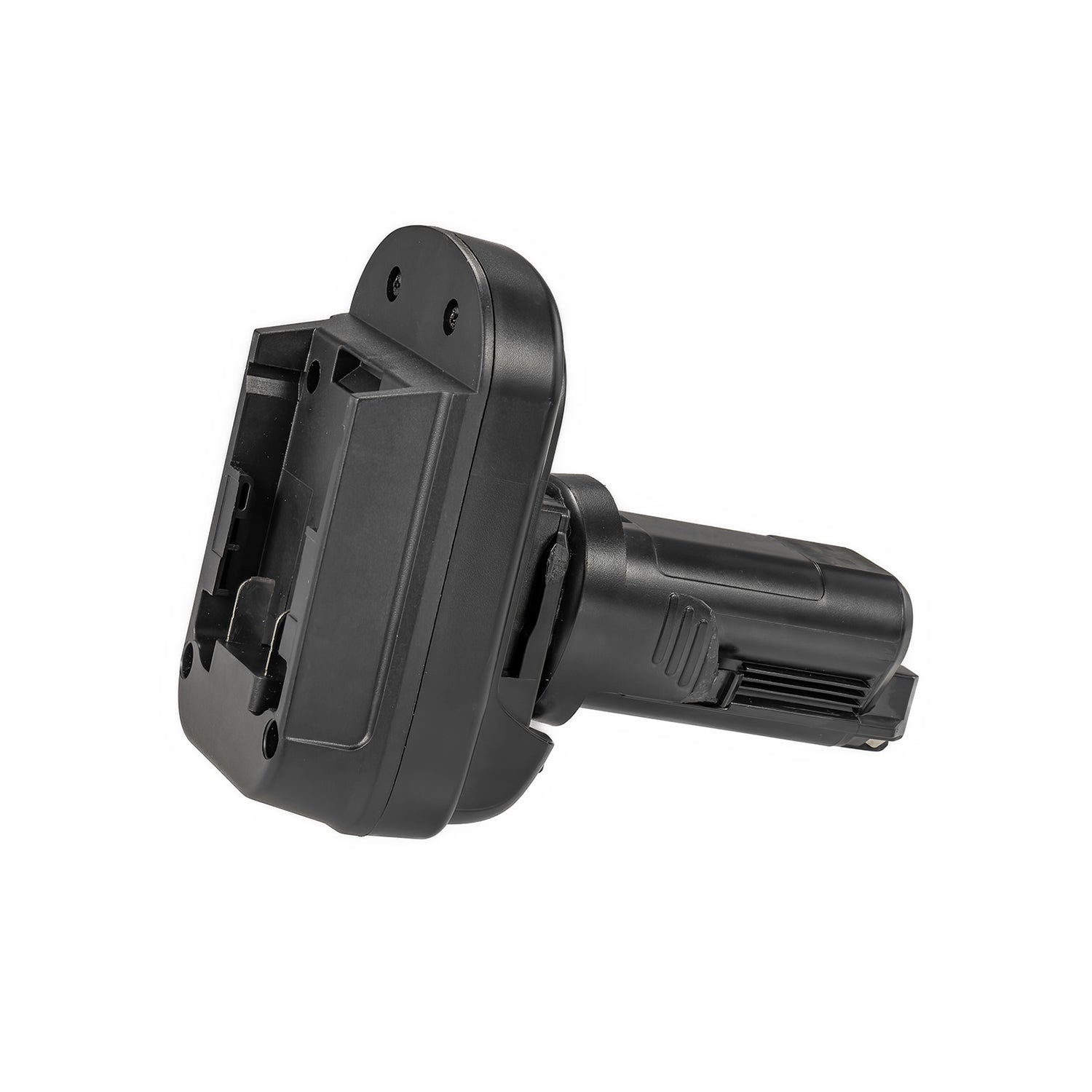 DeWalt 20V MAX to Dremel 12V 8220/8250 battery adapter - battery-side connection with the rails, tool-side stem to the right