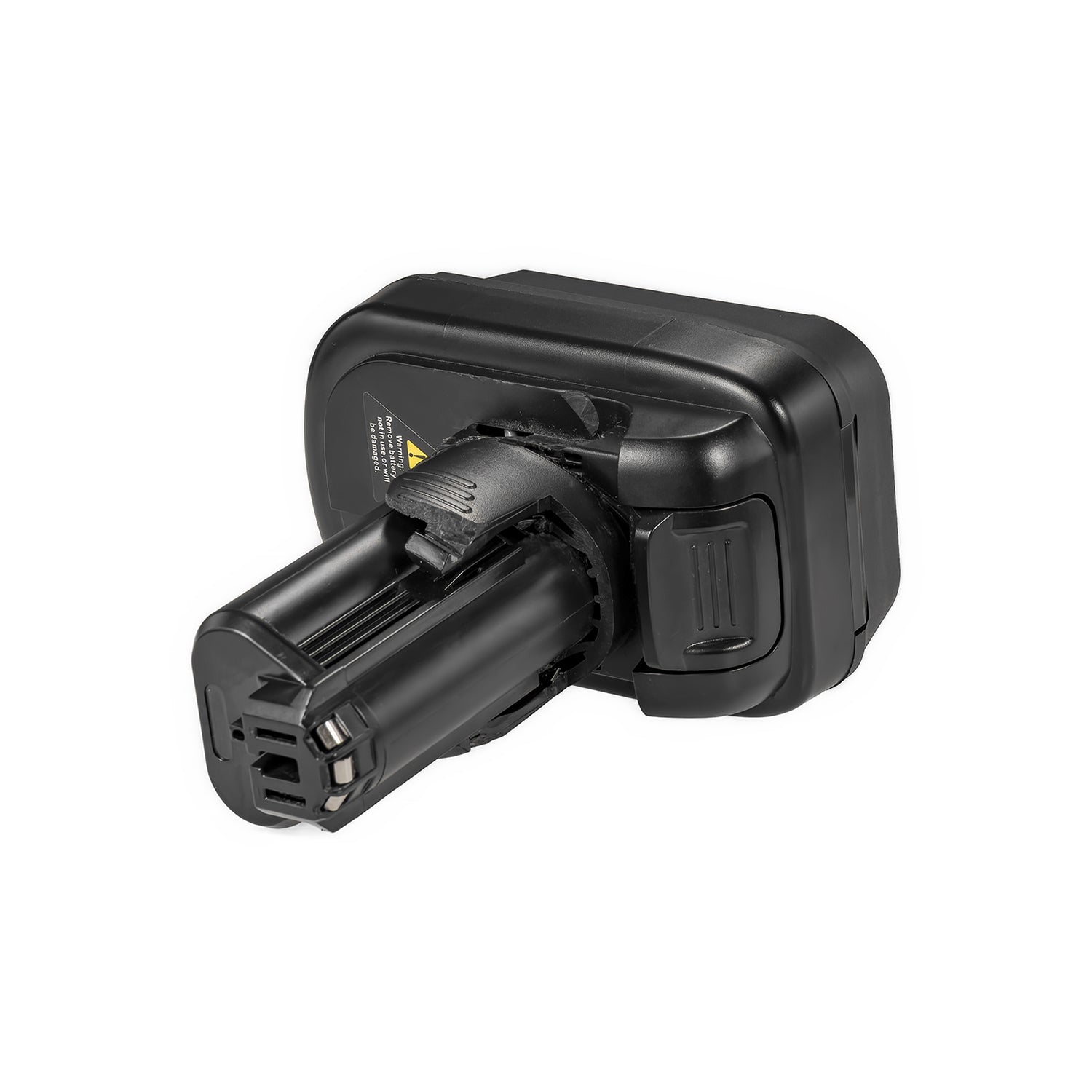 DeWalt 20V MAX to Dremel 12V 8220/8250 battery adapter - tool-side connector head end-on, terminal blades and keyed slots