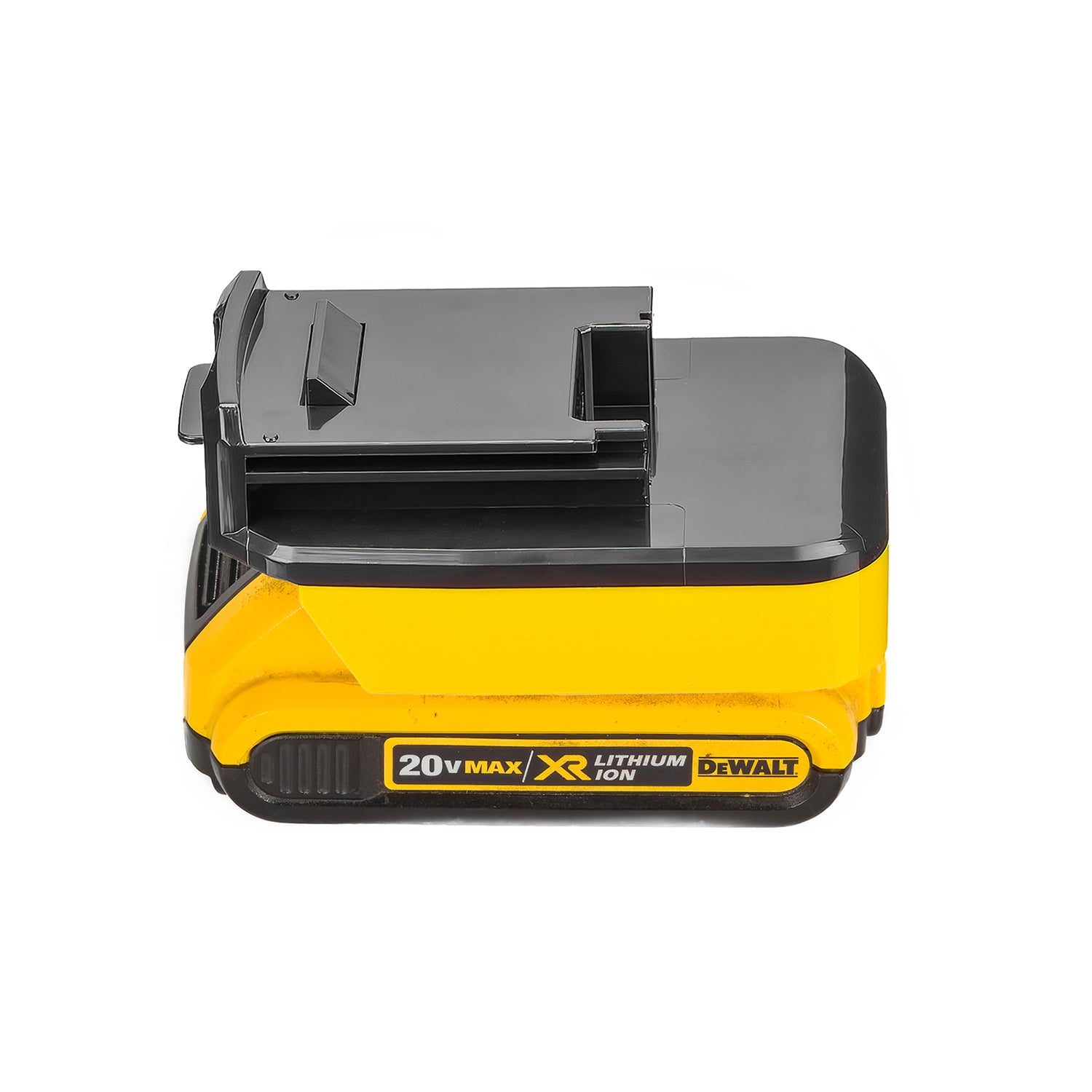 DeWalt 20V MAX to Porter Cable 18V Ni-Cd battery adapter - fitted to the DeWalt 20V MAX battery, tool-side rails upward