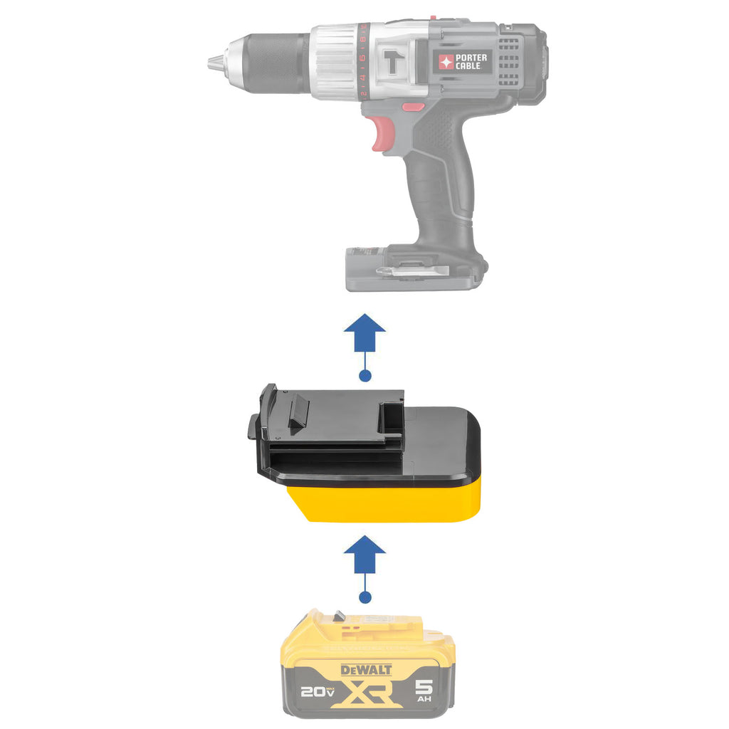 DeWalt 20V MAX to Porter Cable 18V Ni-Cd battery adapter - compatibility diagram showing battery, adapter and hammer drill