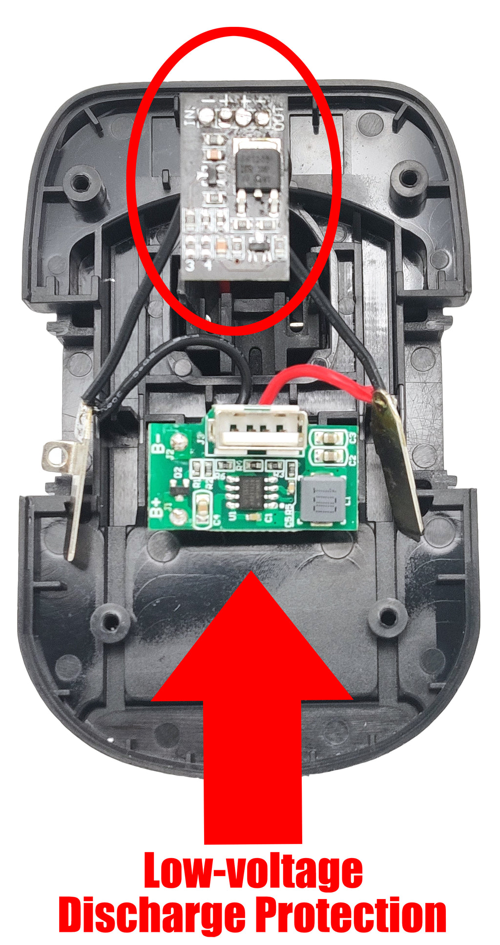 Milwaukee M18 to Ryobi 18V ONE+ battery adapter - opened housing with the USB port board and low-voltage protection board