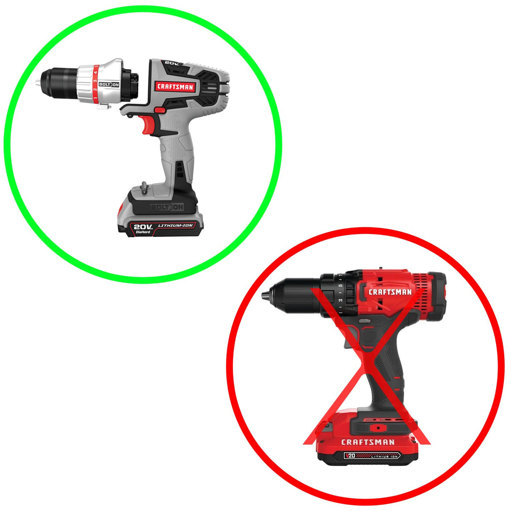 DeWalt 20V MAX to Craftsman 20V Bolt-On battery adapter - compatibility graphic with a cordless drill and its pack fitted