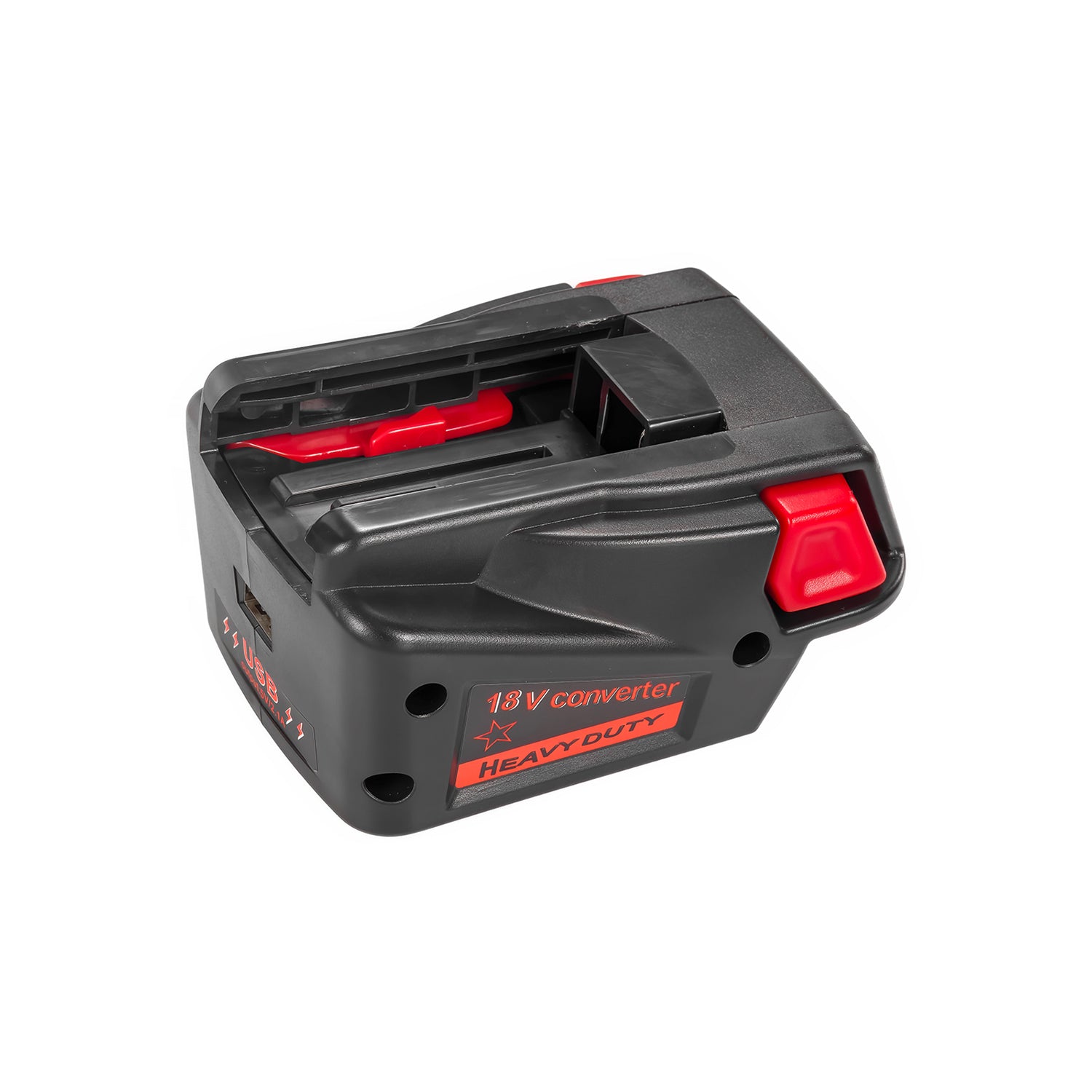 DeWalt 20V MAX to Milwaukee V18 Ni-Cd battery adapter - Milwaukee tool-side connection with terminal slots and the USB port