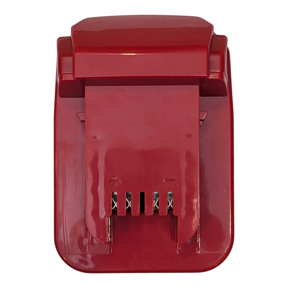 DeWalt 20V MAX to Milwaukee M18 battery adapter - Milwaukee tool-side terminals with + and - polarity marks
