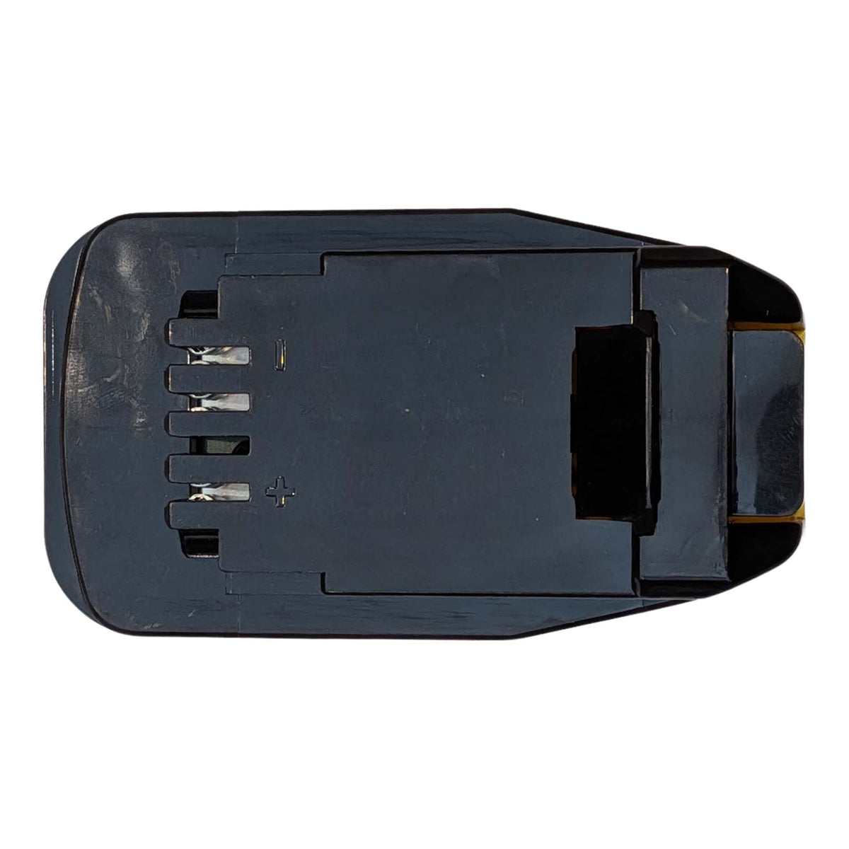 DeWalt 20V MAX to Porter Cable 20V battery adapter - tool-side face with four contacts and + and - marks