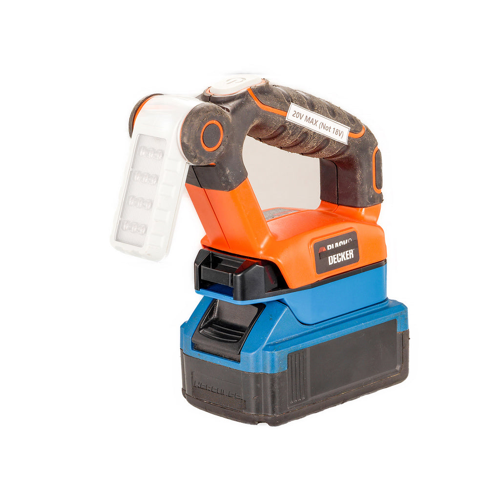 Hercules 20V to Black and Decker 20V battery adapter - installed on an LED work light above the battery, three-quarter view