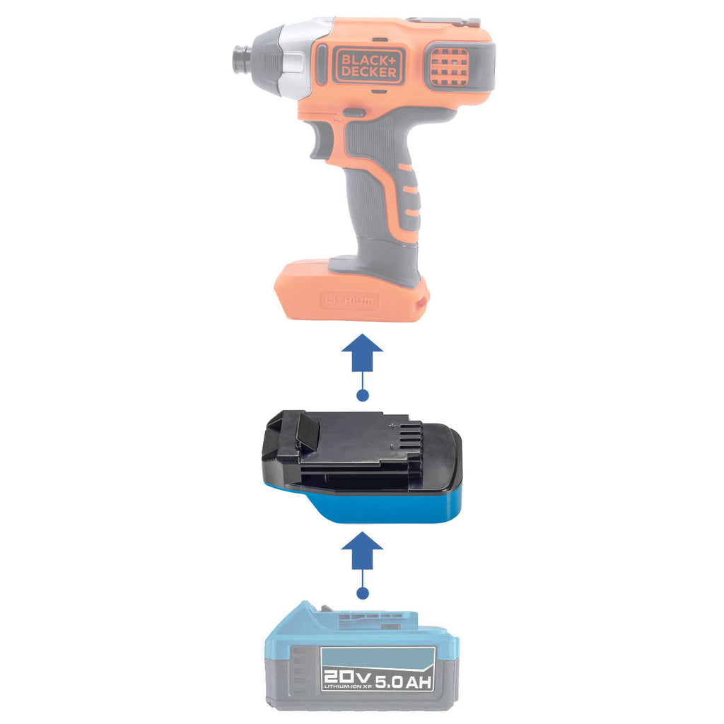 Hercules 20V to Black and Decker 20V battery adapter - compatibility diagram showing battery, adapter and impact driver