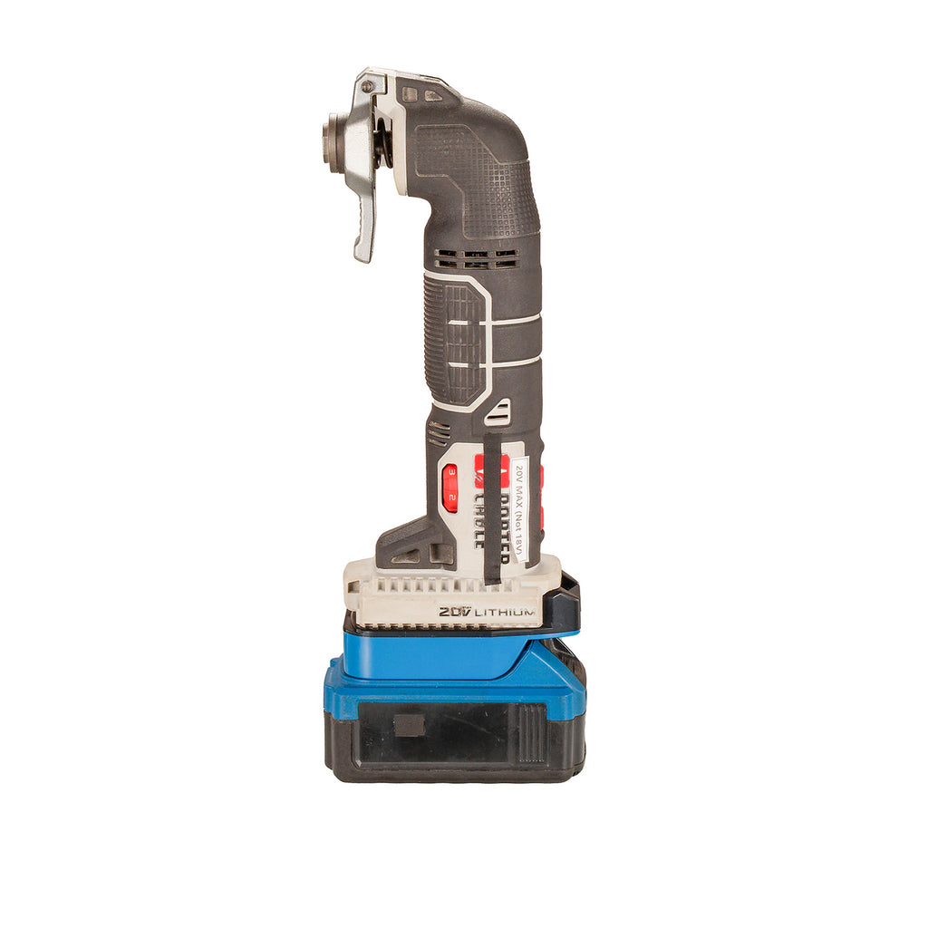 Hercules 20V to Porter Cable 20V battery adapter - installed on an oscillating multi-tool, seated on a battery pack
